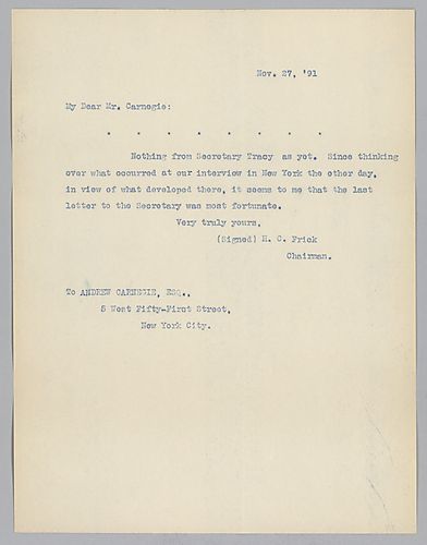 Frick writes on hearing nothing from Secretary Tracy but that the contents of his last letter to the Secretary is fortunate in light of recent developments