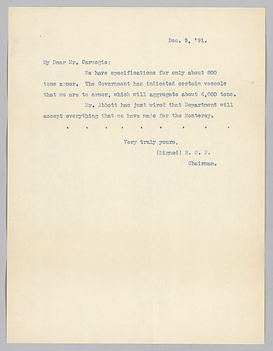 Frick writes on government armor demands in tonnage