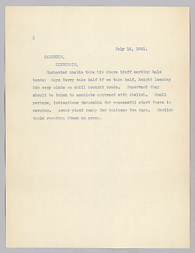 Frick writes on the armor contract and on the armor mill being almost complete