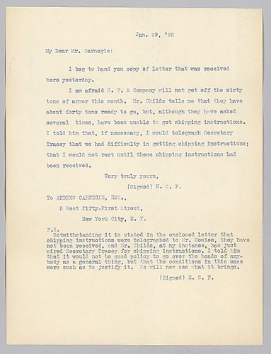 Frick writes on armor production falling short for January as well as being unsure of where to send what has been produced. In a post-script, Frick outlines the steps that have been taken to find out where the armor should be sent