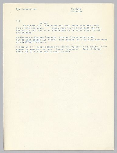 Carnegie writes on ore rates fro Oliver and his anger at Oliver's deception