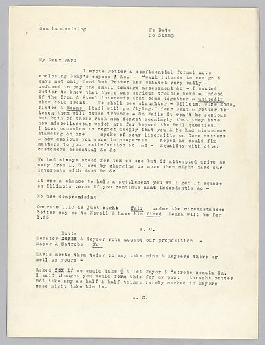Carnegie writes on Potter's actions regarding ore and the need to handle the situation better. He also mentions approval votes by Senators Davis and Keyser