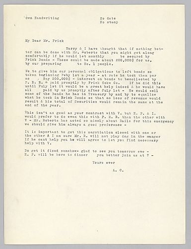 Carnegie writes on using Frick Coke Company bonds to pay for monthly rail transportation on the Pennsylvania Rail Road