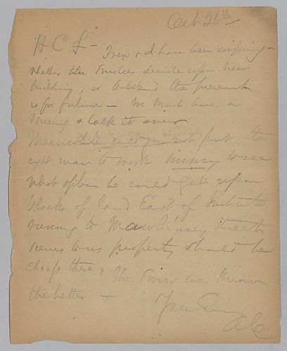 Carnegie writes on meeting with the Board of Trustees to discuss a new building and he requests that someone look into acquiring land east of the institute