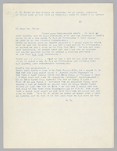 Carnegie writes on staying out of trouble by letting rail companies battle each other over shipping percentages. In a handwritten post-script, he adds that a "right of way" should be obtained