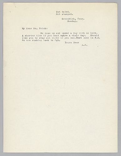 Carnegie writes to invite Frick to come up for a visit