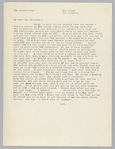 Carnegie writes on rail prices, pig iron surpluses and refraining from blowing out any furnaces