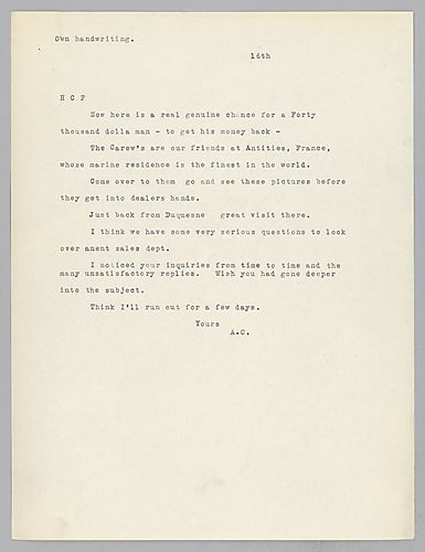 Carnegie writes on art and on Frick making deeper inquiries in order to get satisfactory results