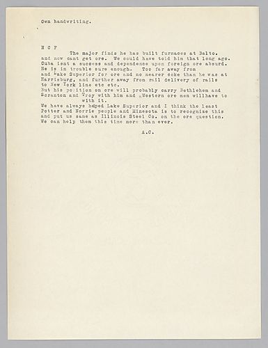 Carnegie writes on the ore needs in Baltimore as well as the other obstacles of that location and how it will lead to the company gaining similar status to Illinois Steel Company on the ore question