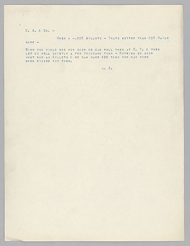 Carnegie writes on billet and rail prices as well as production at Edgar Thomson