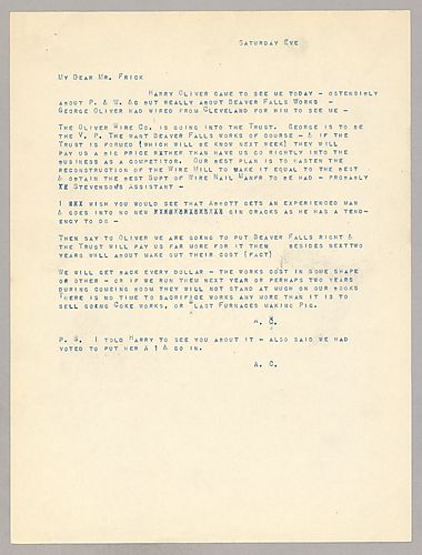 Carnegie writes about a trust from Cleveland, which desires to purchase Beaver Falls Works