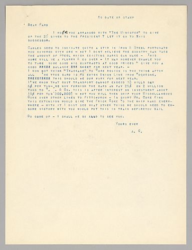 Carnegie writes on steel markets and then on the advantages of the Frick Coke Company to ship its product