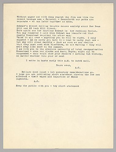 Carnegie writes on laying off "recent tonnage men." He also declares his views on the need for total reorganization at Homestead