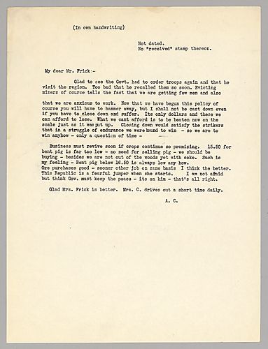 Carnegie writes on strikebreaking tactics as well as the pig iron market