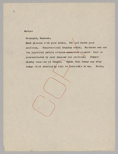 Carnegie writes from Rannoch, [Scotland] on the ending of the Congressional Inquiry with the company's position well substantiated