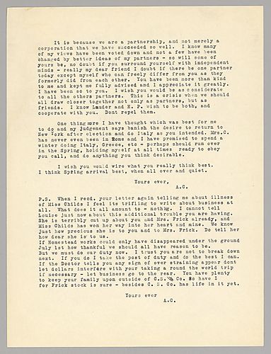 Carnegie writes to advise Frick to be more open to help from the other partners during the crisis. He also adds tender condolences for the Frick's loss and for Miss Childs' health