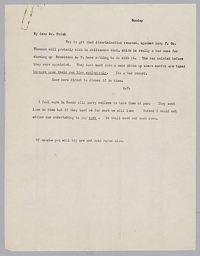 Carnegie writes on dealing with a shipping tax from a railroad company and on keeping cash available for market downturns that appear to be occurring