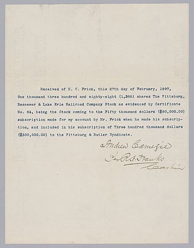 Carnegie writes on shares for The Pittsburgh, Bessemer, and Lake Erie Railroad Company Stock. Also included are some calculations on the shares
