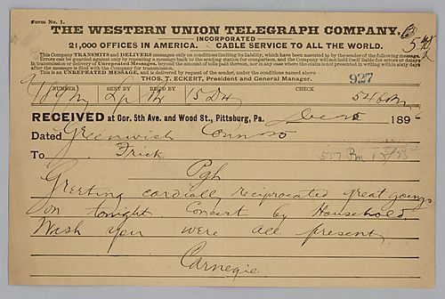 Carnegie cordially greets Frick and wishes he could attend tonight's "concert by household,"