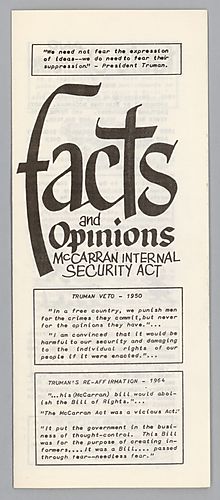 "Facts and Opinions McCarran Internal Security Act" Pamphlet