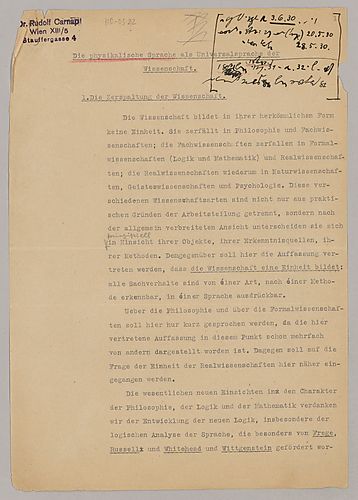 Proof Sheets, Early Articles: "Die physikalische Sprache als Universalsprache der Wissenschaft" (Item 22)