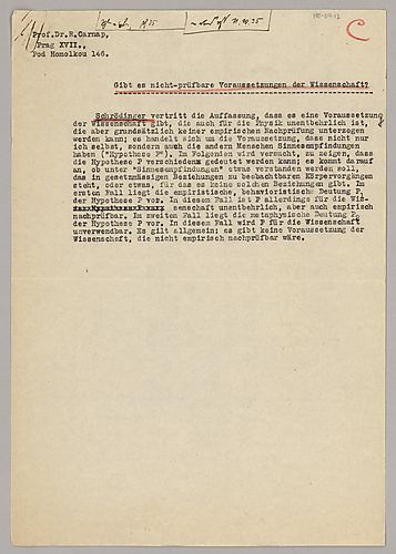 Early Manuscripts: "Gibt es nicht-prüfbare Voraussetzungen der Wissenschaft" (Item 12)