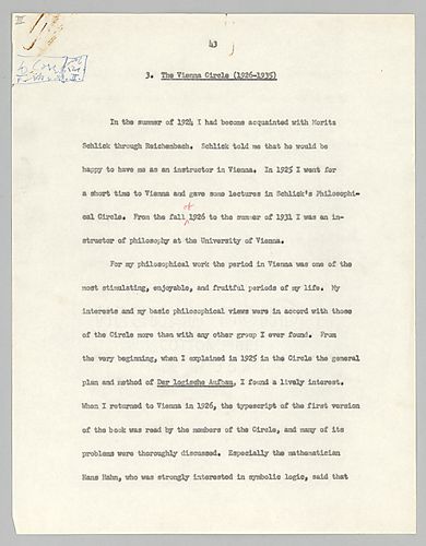 Schilpp Autobiography Ex. III, Part I, New Version: 3. "The Vienna Circle" (Item 1b)