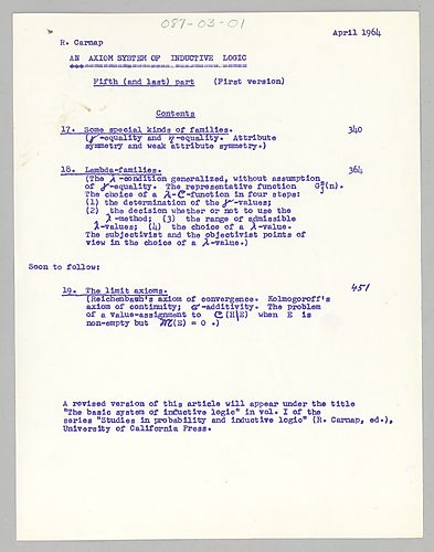 An Axiom System of Inductive Logic, Section 18 (Conclusion)