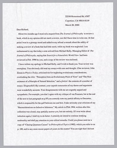 Letter to Richard Healey concerning his review of Shimony's article "Search for a Naturalistic World View",