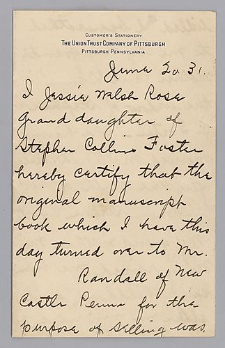 From Jessie Rose Welch certifying authenticity of Stephen Foster manuscript book