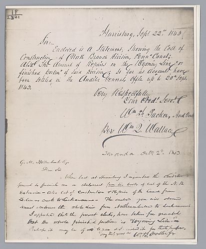 Photostats of letter and receipt for the North Branch Division, Penn Canal and Wyoming Lines