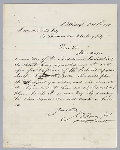 From J.D. Fraser of the Music Committee of the Trade's Mens industrial Institute