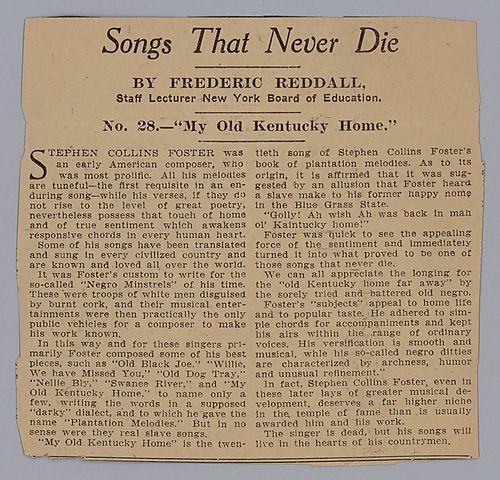 "Songs that Never Die: No. 28 "My Old Kentucky Home," by Frederic Reddall, Pittsburgh Sun