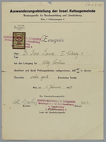 Certificate of Auswanderungsabteilung der Israelischen Kultusgemeinde,