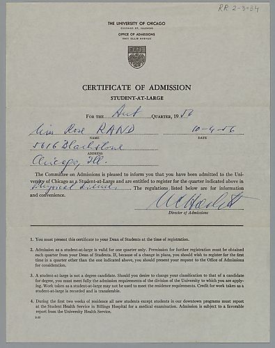 Certifcate of Admission Student-at-Large, University of Chicago,