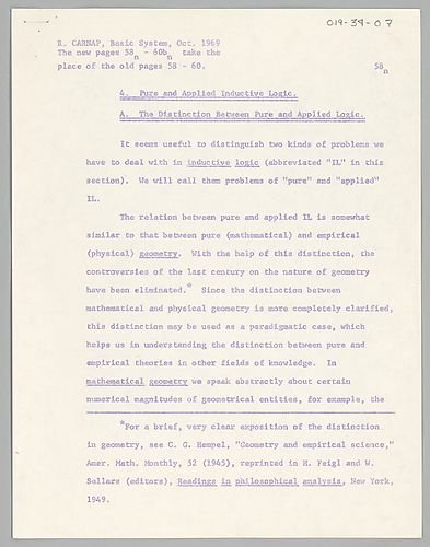 Mimeo Copy of Basic System: 4. Pure and Applied Inductive Logic (Item 7)