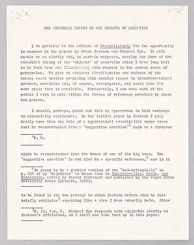 "Adverbial Theory of the Objects of Sensation,"