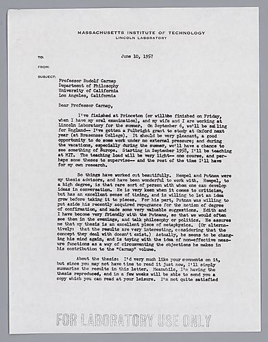 Copies of Correspondence with Carnap regarding Jeffrey's PhD Thesis,