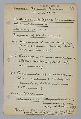 Seminar Notes Carnap: Research Seminar Problems in the Logical Foundation of Mathematics