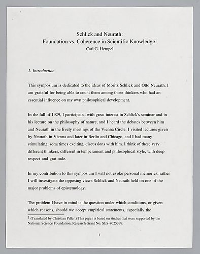 "Schlick and Neurath: Foundation vs. Coherence in Scientific Knowledge,"