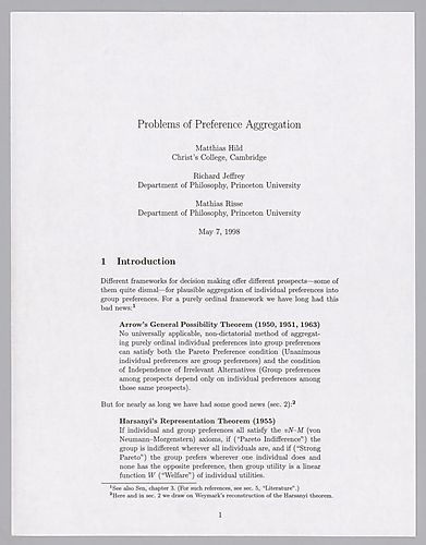 "Problems of Preference Aggregation", together w/ Matthias Hild and Mathias Risse,