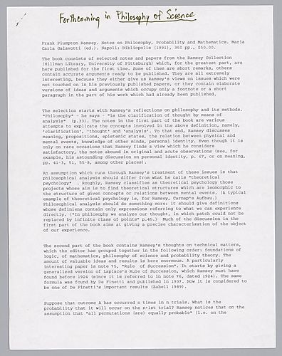 Review of Frank Plympton Ramsey: Notes on Philosophy, Probability, and Mathematics by Maria Carla Galavotti