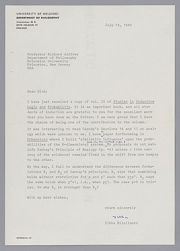 "Studies in Inductive Logic & Probability Vol. II", Correspondence & Notes,