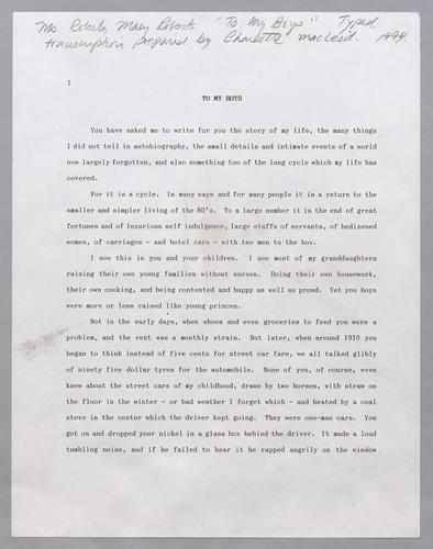 "To My Boys" - typed transcription prepared by Charlotte Macleod