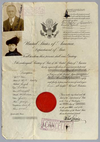 U.S. Department of State - passport issued to Rinehart family to travel to the West Indies and Central and South America