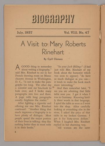 Clemens, Cyril - "A Visit to Mary Roberts Rinehart" in Biography vol. 8 no. 47