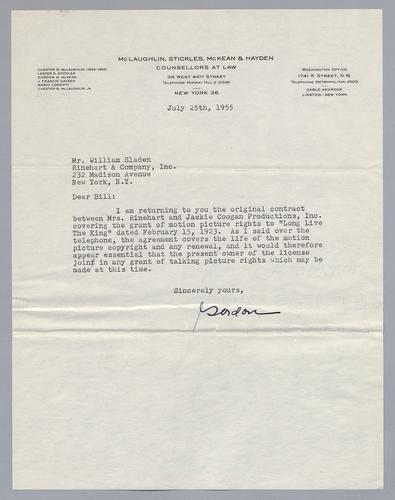 Motion picture rights to Long Live the King assigned to Jackie Coogan Productions