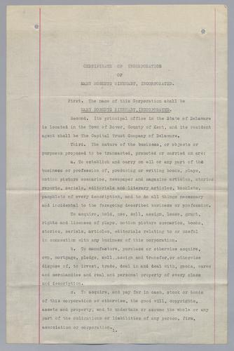Documents related to incorporation and dissolution of Mary Roberts Rinehart Incorporated
