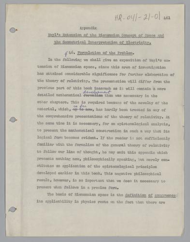 Weyl's Extension of the Riemannian Concept of Space, Appendix