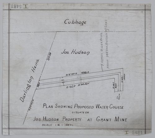 Plan showing proposed water course situate on Joseph Hodson property at Grant Mine
